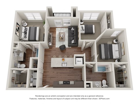 Floor plan for 3 beds, 2 baths, 1053 sqft